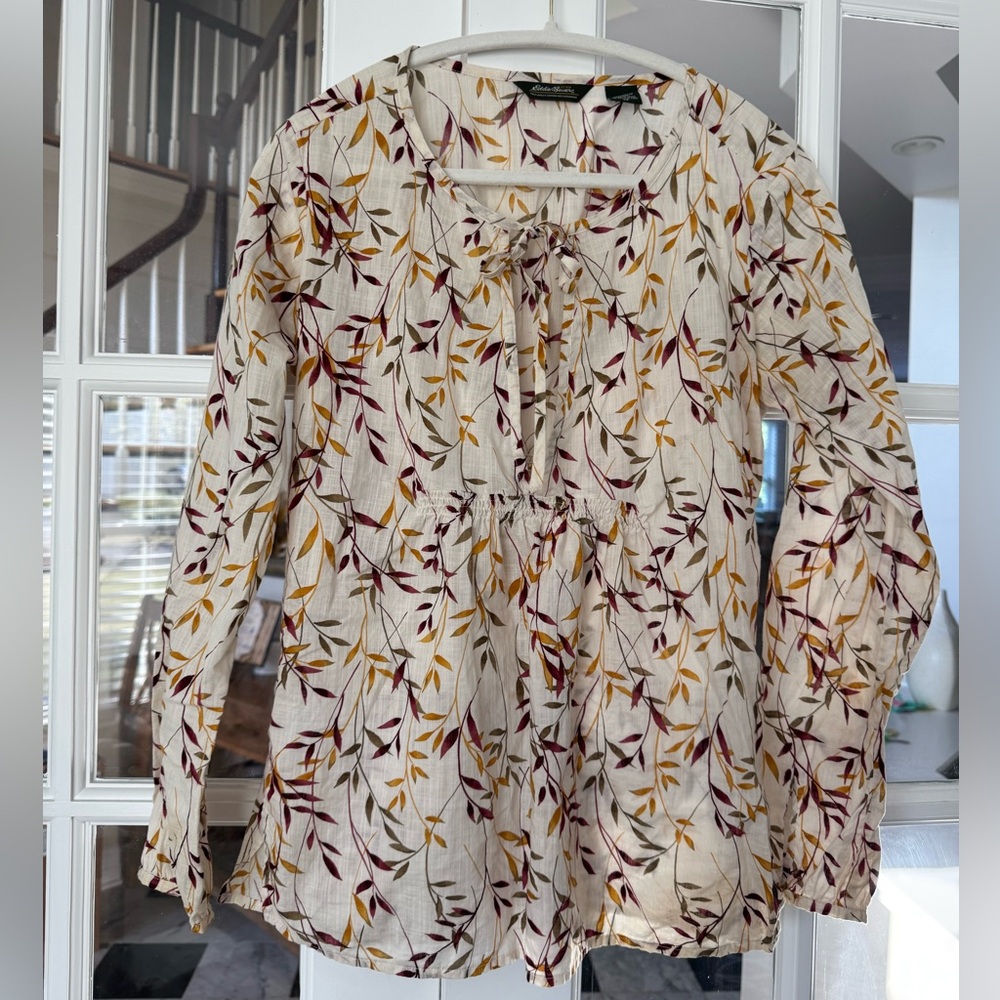 Eddie Bauer 100% Cotton Cream Peasant Button Leaf Fall Cabincore Boho Breathable